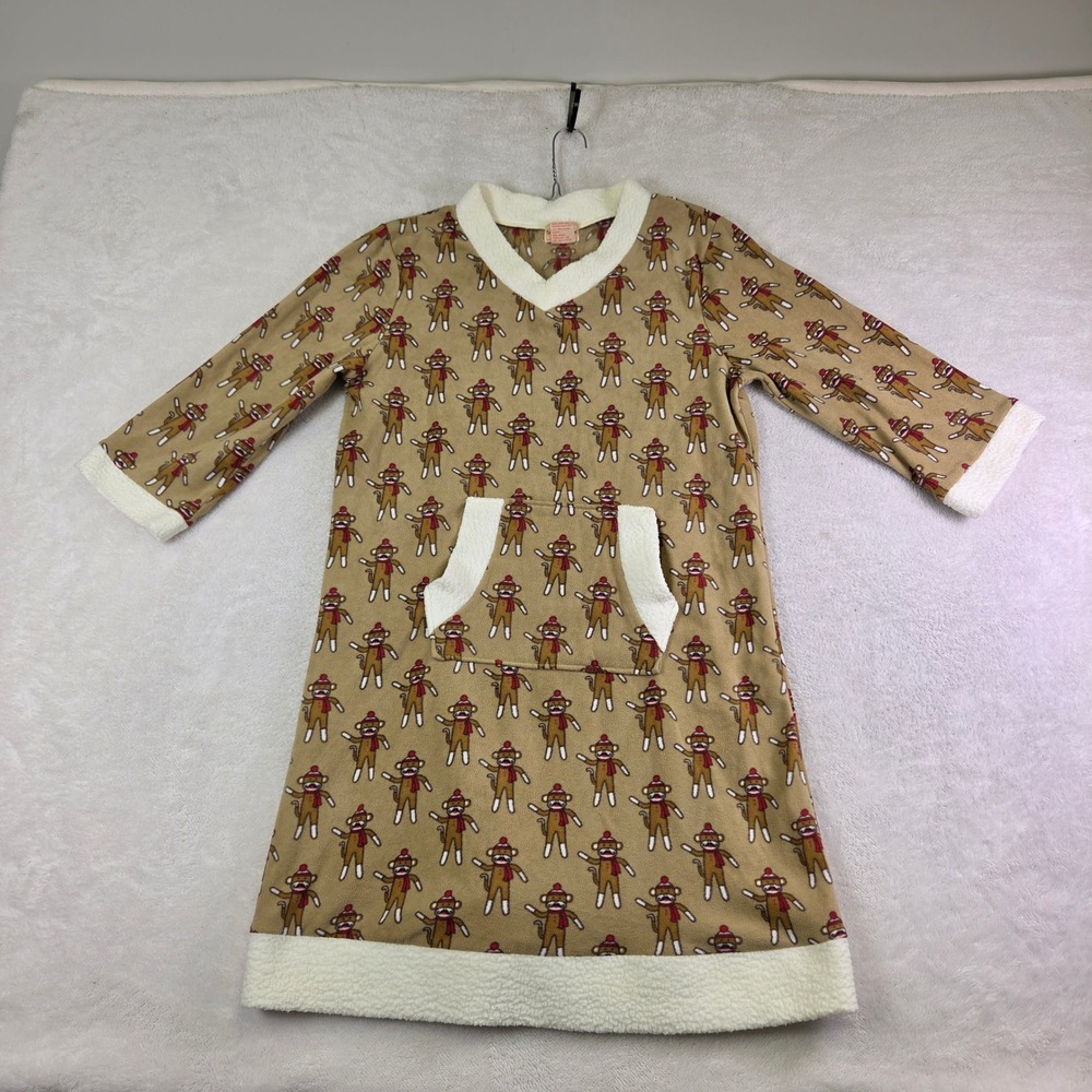 Toffee Apple Womens Sock Monkey Fleece Nightgown Sherpa Trim Brown Large 3013